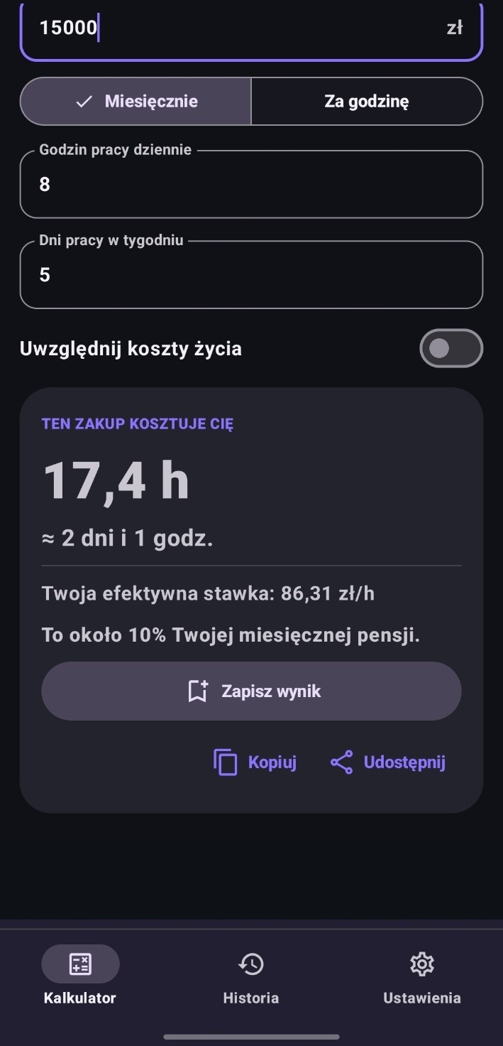 WorthIt wynik kalkulacji